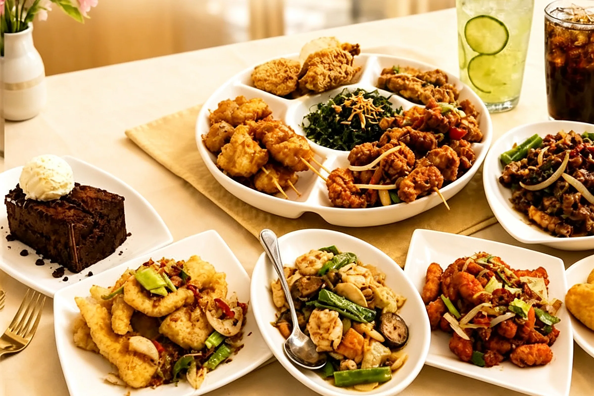 Panda Cook Sunday made-to-order buffet spread: mixed hors d'oeuvres platter, crispy seaweed, salt & pepper chicken, stir-fried dishes, chocolate brownie and iced drinks