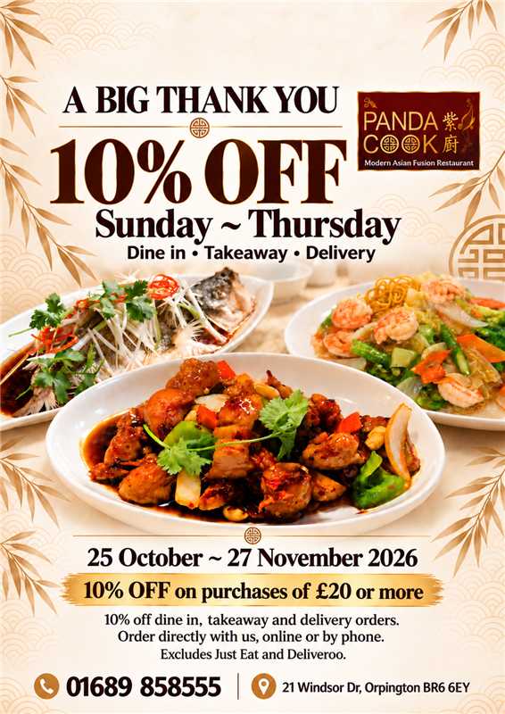 Panda Cook poster: A big thank you — 10% off purchases of £20 or more, Sunday to Thursday, 25 October to 27 November 2026, for dine in, takeaway and delivery